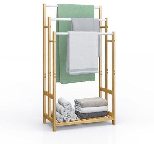 Dripex Freistehender Handtuchhalter Bambus Höhe 96 cm Handtuchständer Badetuchhalter mit 3 Edelstahlstangen und Ablage für Badezimmer, Zuhause, Natur 96H x 46B x 24T cm (96cm)