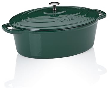 kela Bräter Gusseisen oval 6 Liter, Dutch Oven CALIDO, Induktion Gussbräter mit Deckel, Gusseisen Topf Brot backen, emailliert, grün