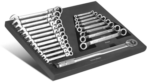 STAHLWERK Set di chiavi inglesi da 21 pezzi con inserto in schiuma per carrello da officina – chiave dinamometrica 28 – 210 Nm e chiave ad anello in inserto per carrello degli attrezzi con chiave