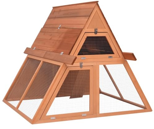 Mhdvray Conejera de madera maciza de abeto, 152 x 127 x 109,5 cm, forma de A, jaula para conejos con rampa y 2 niveles para conejos y pollos, recinto estable para animales pequeños con malla de