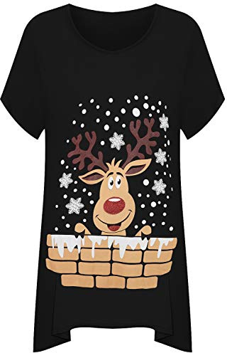 WearAll Women's Plus Short Sleeve Reindeer Snowflake Hanky Hem Long Top Ladies T-Shirt - Black - 18