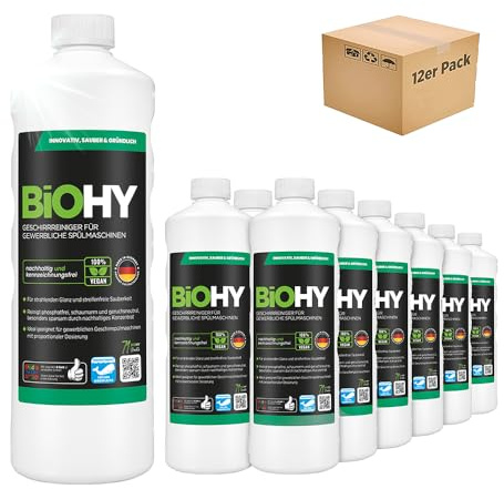 BiOHY Detersivo per piatti per lavastoviglie commerciali (12 bottiglie da 1l) | Concentrato | Brillantezza luminosa formula di scioglimento dei grassi (Geschirrreiniger)
