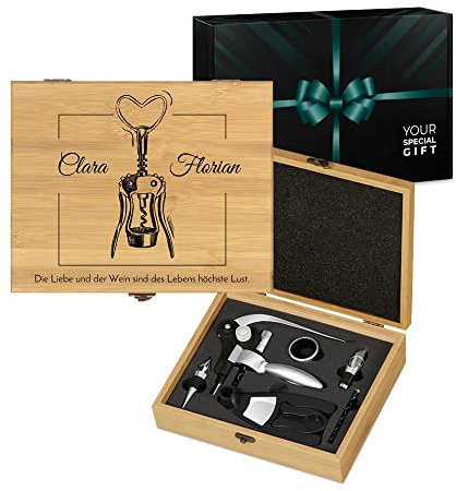 Maverton Weinöffner-Set personalisiert Weinset Sommelier Set - Geschenkbox Holzbox + 6er Weinzubehörset - aus Bambus - Braun - Geschenk Hochzeit Hochzeitstag Paar - Flaschenöffner