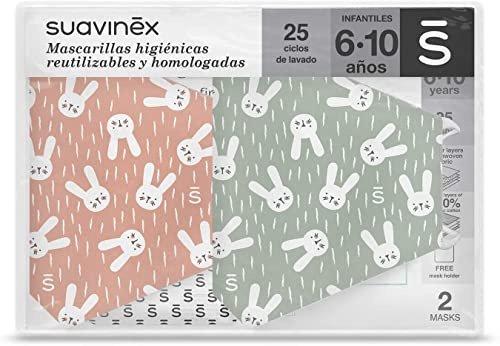Suavinex 401321 - Mascherine per bambini riutilizzabili 6-10 anni. 3 strati. 25 cicli di lavaggio. Prodotto in spagna, 2 unità, verde e rosa, unisex