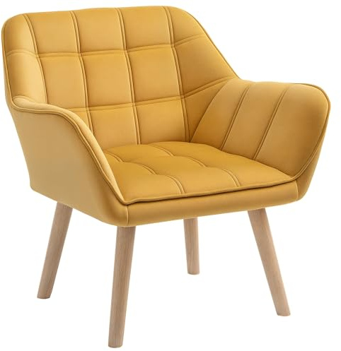 HOMCOM Modern Armchair, Accent Chair with Wide Arms, Slanted Back and Rubber Wood Legs for Living Room, Bedroom, Home Office Yellow