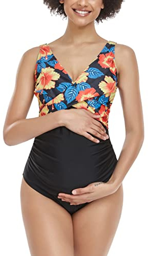 SUMMERSUNSHINE Maternity One Piece Swimwear Front Cross Pregnancy Swimsuit Bathing Suit Maternity Bikini, Yellow Floral Black, S