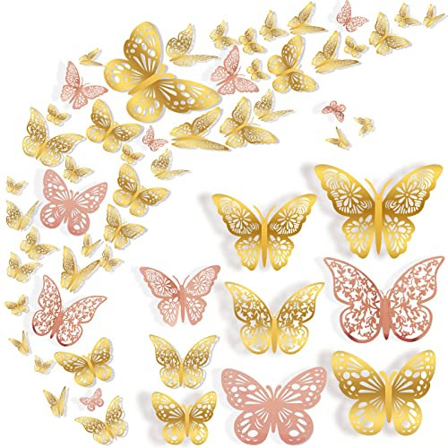 Nelotaor 72 Pcs 3D Butterfly Wall Decor - 3 Styles, 3 Sizes, Gold and Rose Gold - Wedding, Birthday Party, Girls Bedroom Decorations