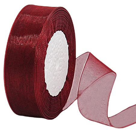 45m Organzaband Weinrot 25mm Breit Chiffo Geschenkband,Transparentes Organza Bänder Chiffonband Schleifenband Dekoband Geschenkverpackung Deko Band Tüllband für Weihnachten Hochzeit Taufe Geburtstag