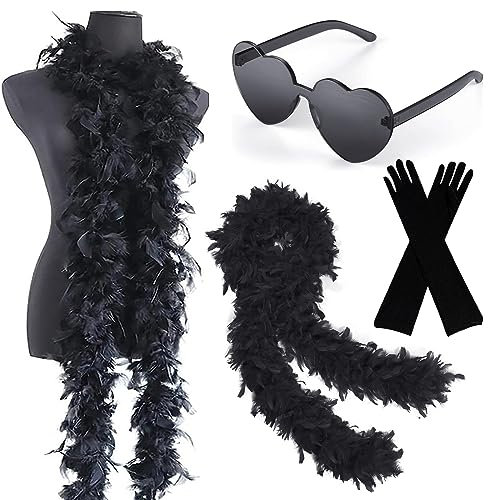 Federboa,Federn für Frauen,Turkey Feather Boas,Federboa 1.8Meter Rosa,Feder Boas mit Herz-Sonnenbrillen und Handschuhe,Kostüm Karneval 20er Jahre Charleston Burlesque kuschelig,Mottoparty,Fasching