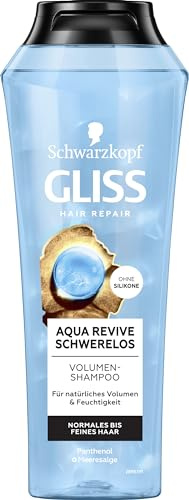 Gliss Shampooing Aqua Revive sans apesanteur (250 ml), shampooing sans silicone pour un volume naturel et une hydratation optimales, shampooing volume pour cheveux normaux à fins