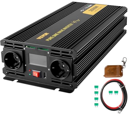 VEVOR Convertidor Puro Senoidal DC 12 V a AC 230 V, Convertidor Senoidal Puro 2500 W, Inversor de Onda Senoidal con Pantalla LCD, Voltaje Puro, Protecciones de Seguridad con Control Remoto y Cable
