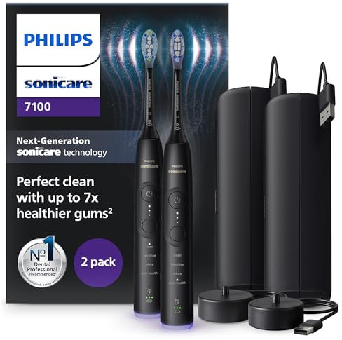 Philips Sonicare 7100 elektrische Zahnbürste, Schallzahnbürste mit App, 4 Putzmodi, 3 Intensitätsstufen, Andruckkontrolle, EasyStart, SmarTimer, Schwarz, 2er-Pack, Modell HX7429/03 [Neue Technologie]