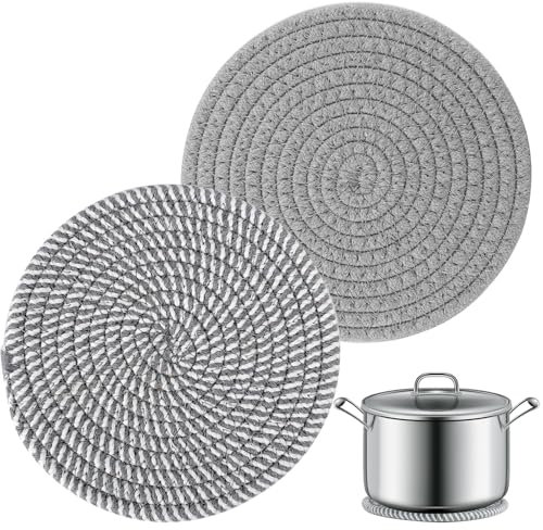 2 Stück Topfuntersetzer 18cm Durchmesser Baumwolle Faden Weben Matte rund hitzebeständig Untersetzer Topf Tischschoner Unterlage für Töpfe, Pfannen, Kanne und Teller (Grau-weiß gestreift + Hellgrau)