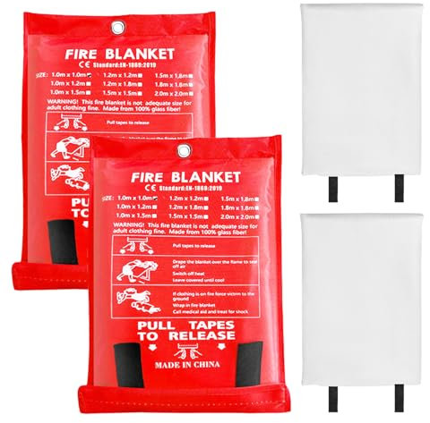 WIYETY Lot de 2 couvertures anti-feu de qualité supérieure : couverture anti-incendie en fibre de verre, 100 x 100 cm couverture anti-feu pour cuisine, kit de survie d'urgence pour cuisine, cheminée,