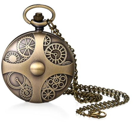 JewelryWe Zahnrad Taschenuhr Herren mit Kette: Vintage Analog Quarz Kettenuhr Bronze geprägter Zahnrad Design Uhr Anhänger Halskette Pulloverkette Geschenk