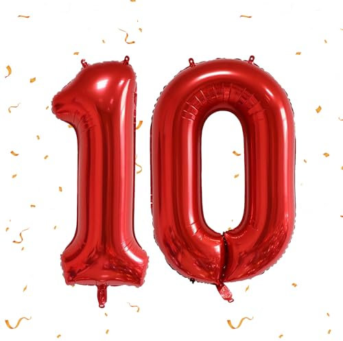 Number 10 Balloon, Numbers Balloon, Red Confetti Helium Number Balloons, Giant Helium Foil Numbers Balloons, for Women, Men, Party Decor, Anniversary, Engagement Decoration Supplies(Red)