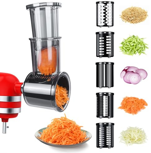 Attacco per Affettatrice Grattugia per KitchenAid Stand Mixer - Grattugia per Formaggio, Affetta Verdure, Tritatutto per Frutta/Insalata - Accessorio Tagliaverdure per KitchenAid con 5 Lame di MMOBIEL