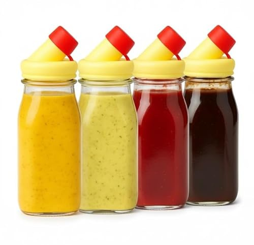 kitchentoolz Salad Dressing Shaker Bottle ā 12oz Glass Bottle with Silicone Pour Spout and Tamper-Proof Lid for Sauces and Marinades - Pack of 4