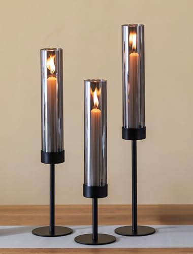 Sziqiqi Portacandele Candelabri Nero con Vetro: Set di 3 Porta Candele Metallici con Vetro Affumicato per Decorazioni da Tavola - Candelabri Moderni per Esterno Interno Natale Soggiorno