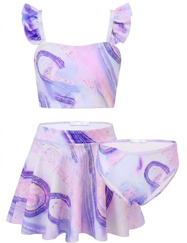 Arshiner Ensemble Bikini pour Filles Tankini Violet Bas de Bikini Bustier à Volants et Jupe Assortie 9-10 Ans