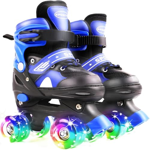 Patins à roulettes pour Enfants Filles: Roller Enfant Fille, Rollers Quad avec 4 Taille Réglable, 8 Roues Lumineuses, Maille Respirante - Rose