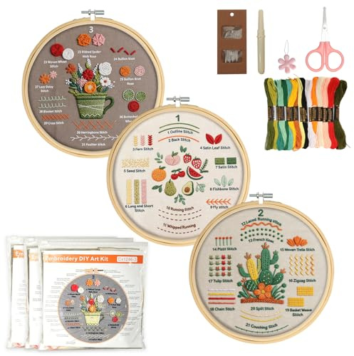 Cozary Kit Bordado Principiantes – Set Completo con 16 Colores de Hilo, 3 Telas Impresas con Motivos Florales, Bastidor de Bambú (20 cm), Tijeras y Accesorios – Manualidades DIY Kit de Bordado