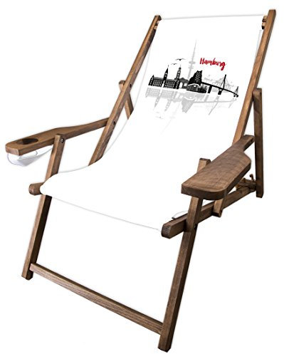 MultiBrands® Holz-Liegestuhl, mit Armlehne und Getränkehalter, dunkelbrauner Lasur, klappbar, Skyline Hamburg
