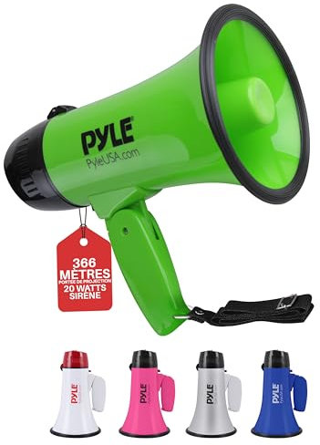 Pyle megafono, Portatil, Altavoz, Sirena, Compacto, Funciona con Pilas, Potencia de 20V, Microfono, Sonido PA, Mango Plegable, Ideal para policias, Porristas, Entrenadores