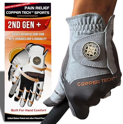 Copper Tech Plus Golf Gloves Men Right Handed Golfer or Left Handed Golfer (2nd Gen) | Copper Compression Joint Support Golf Glove (Charcoal/Grey, X-Large, Left)