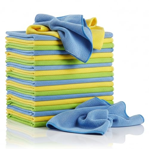 Glart Lot de 30 chiffons de Nettoyage en Microfibre pour Voiture, Non Pelucheux, Doux, Absorbants et Délicats sur la Peinture, 40 x 40 cm, Bleu/Vert/Jaune