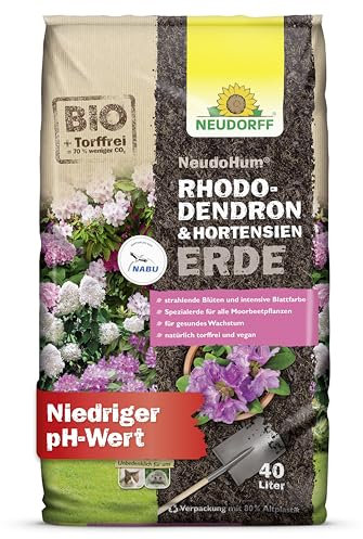 Neudorff NeudoHum Rhododendron- & HortensienErde - Bio & torffrei, für strahlende Blüten und Intensive Blattfarbe bei Moorbeetpflanzen, 40 Liter