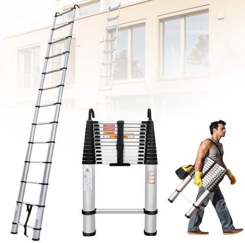 Aluminum Telescoping Ladder, 5M/16.4FT Extendable with Hooks, Portable Foldable Multi-Purpose Loft Ladder for RV, Attic, Max Load 330lb/150kg