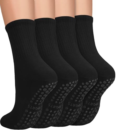 yeuG 4 Pairs Non Slip Pilates Socks with Grips for Women, Grip Socks for Yoga Barre, Black, One Size (S-M), Adult Women