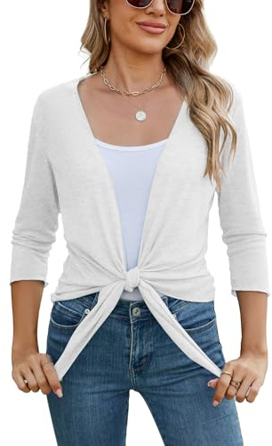 Famulily Ladies White Classy Summer Sheer Cardigans Womens Tie Front Comfy Shrugs and Boleros (S, White)