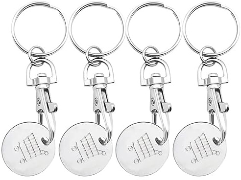 JOYVOX 4-Pack Metal Shopping Cart Coin Keychains – Trolley Token Keychains for Easy Shopping, Convenient and Functional Shopping Accessories