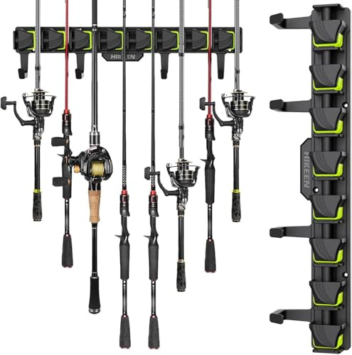 BOOSTEADY Fishing Rod Holders with 4 Hooks, Wall Mounted Fishing Rod Rack, Fishing Pole Holder Holds Up to 8 Rods or Combos, Fishing Rod Holders for Garage,Fits Most Rods of Diameter 3-24mm-Green