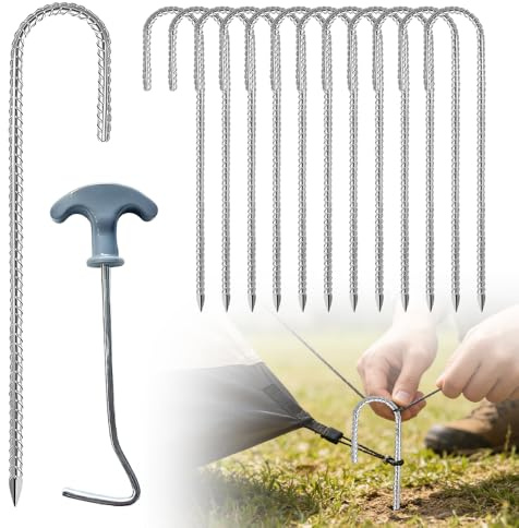 mizikuu 12 estacas de Anclaje al Suelo, 30 cm, Acero galvanizado, 6 estacas Anchas, trampolín, Ganchos en J, Clavos de Suelo con Extractor de Clavos para Tiendas de campaña, Trampolines, Vallas