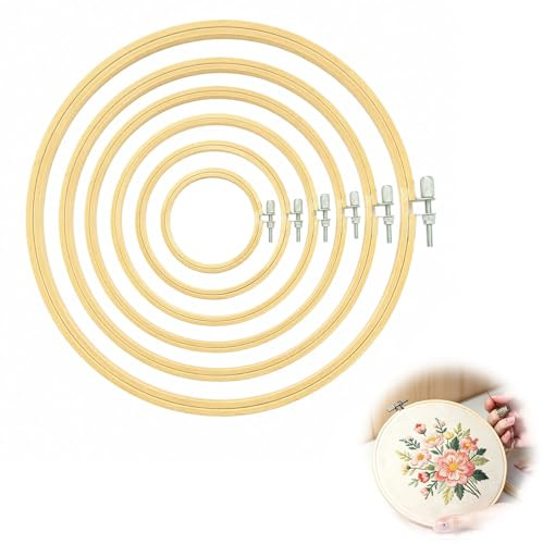 6 Pcs 6 Sizes Bamboo Embroidery Hoops, Cross Stitch Frame, Adjustable Cross Stitch Hoop, Circle Embroidery Ring 8 cm to 21 cm, Cross Stitch Accessories for Craft Sewing DIY Art