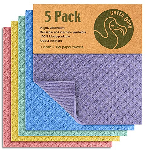 Green Dodo Bayeta Sueca 5 Unidades - Ecológica, Biodegradable y Sostenible - Paño de Cocina Absorbente y Sin Olor - Alternativa Reutilizable a los Paños de Papel de Cocina