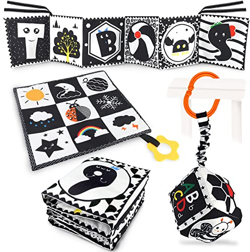 KUANGO 3 PCS Black and White High Contrast Baby Toys Newborn Toys 0-6 Months, Visual Stimulation Sensory Soft Book, Infant Tummy Time Toys 0-3-6 Months Baby Gifts