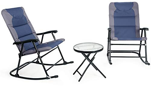 GOPLUS Conjunto de Muebles de Jardín, Juego de 3 Piezas con 2 Mecedoras Plegables y 1 Mesa Baja de Vidrio, Set de Bistro para Exterior Jardín Terraza Piscina Playa (Azul)