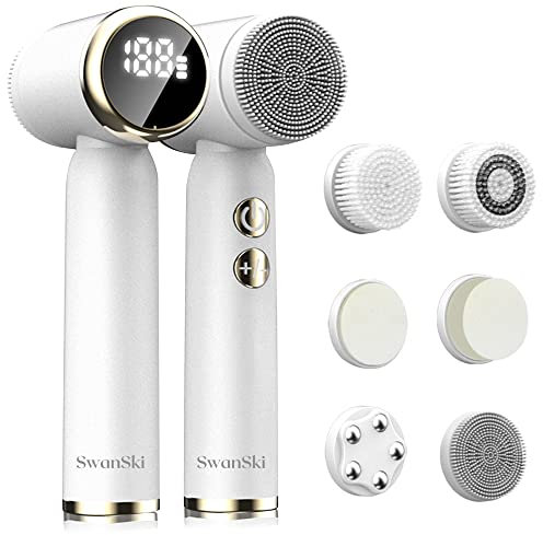 SwanSki Electric Facial Cleanser - 3 Exfoliating Brush Heads, 3 Speed Levels, LCD Display, Waterproof, Rechargeable - Face Scrubber (White)