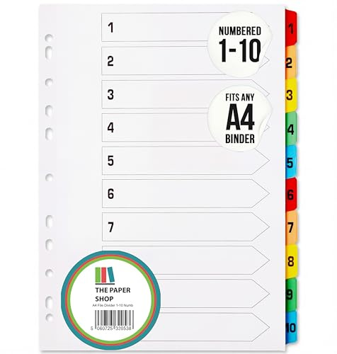 The Paper Shop Numbered Dividers A4 1-10 - 10 Part Coloured Number Tabs (1 Pack) | File & Folder Dividers for Ring Binders & Lever Arch Files | Subject Dividers for Home Office & School - 10 Sections