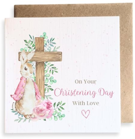 Second Ave Cute Pink Bunny Rabbit Christening Day Square Card Religious Greeting Card for Girl