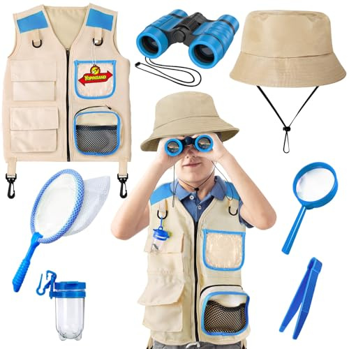 Kit de exploración para niños con chaleco, sombrero y prismáticos para niños, equipo de acampada para niños con kit de exploración de escarabajos, gran juguete para