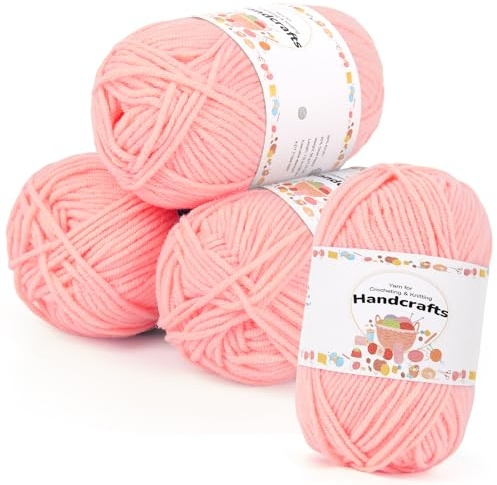 Aeelike 200g(4x50g) Acrylgarn Wolle zum Stricken, 5Ply Häkelwolle Baumwolle zum Häkeln, Cotton Yarn Strickwolle Set für Anfänger, Erfahrene Häkeler, Zartrosa
