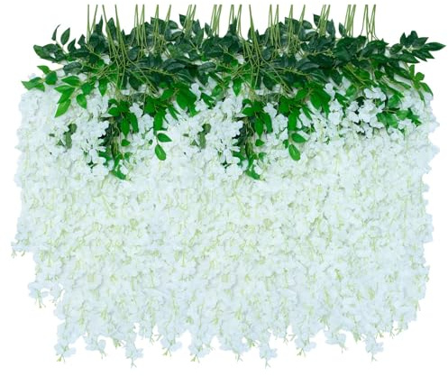 LUZOGA 24 Pack Artificial Wisteria Hanging Flowers Fake Wisteria Flower Garland Silk Vines Rattan Decor for Home Wedding Arch Wall Garden Greenery Bedroom Outdoor Office Party Decoration (White)