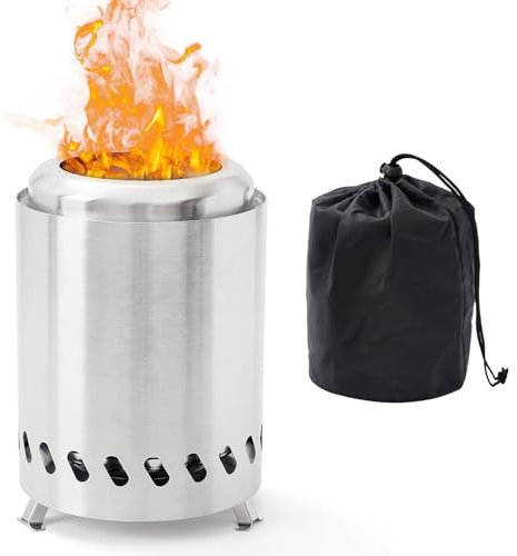 Brasero sin humo, acero inoxidable, sin humo, chimenea de mesa para exteriores, funciona con pellets o madera con soporte y bolsa de almacenamiento, para balcón y jardín, terraza