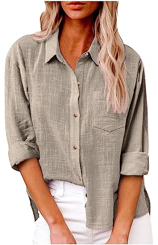Generico Camicia Donna Manica Lunga Estiva Camicie in Lino Cotone Elegante Blusa con Bottoni e Tasca Lavoro Casual Top Camicetta da Spiaggia Tinta Unita Classico