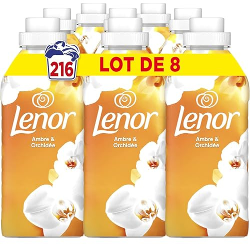 Lenor Adoucissant 216 Lavages (27x8), Parfum Ambre et Orchidée, 24H De Fraîcheur Relaxante, Avec Une Touche D’Huiles Essentielles, Testé Dermatologiquement, Fabriqué En France